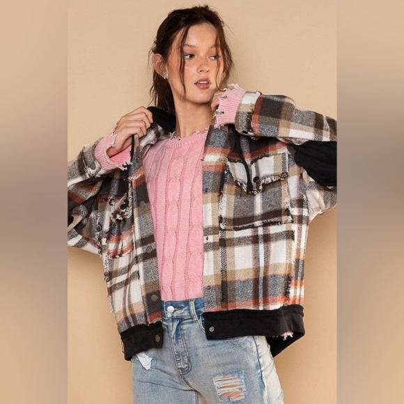 POL Jackets & Blazers - POL Black Multi Soft Brushed Fleece Snap Front Plaid Hoodie Shacket